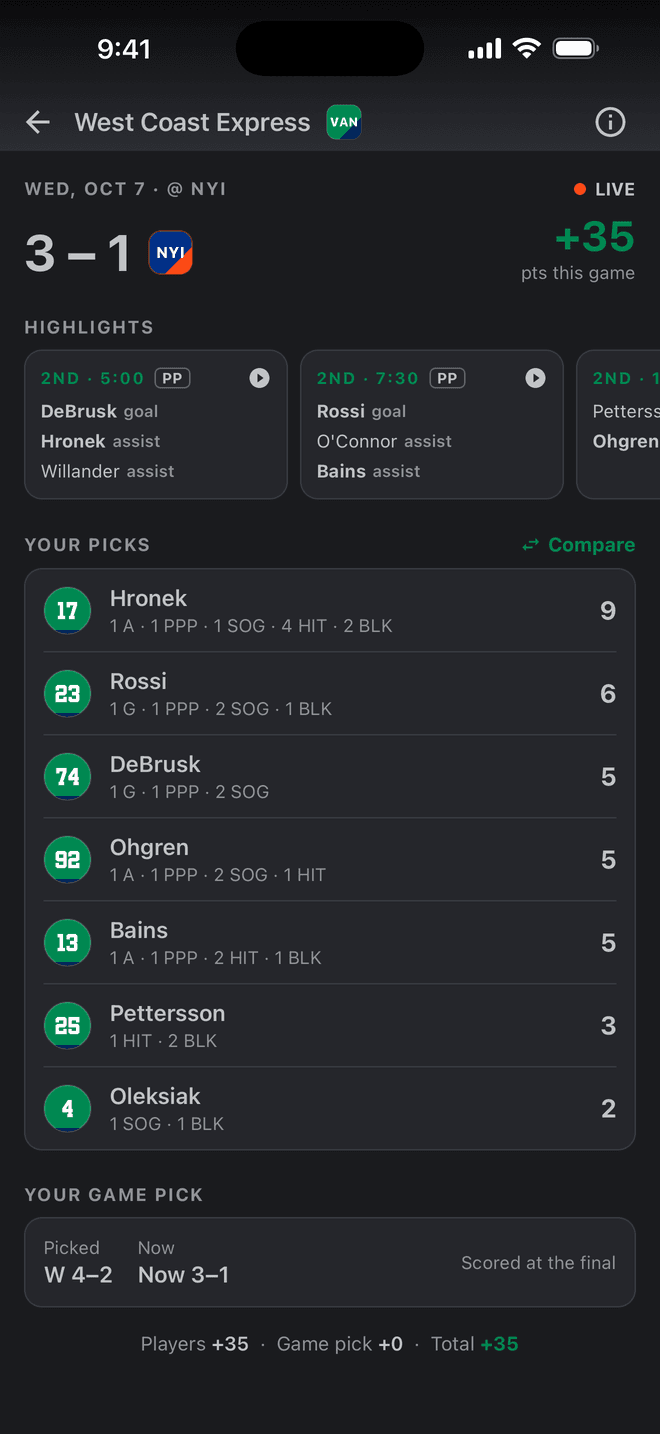 Live game page