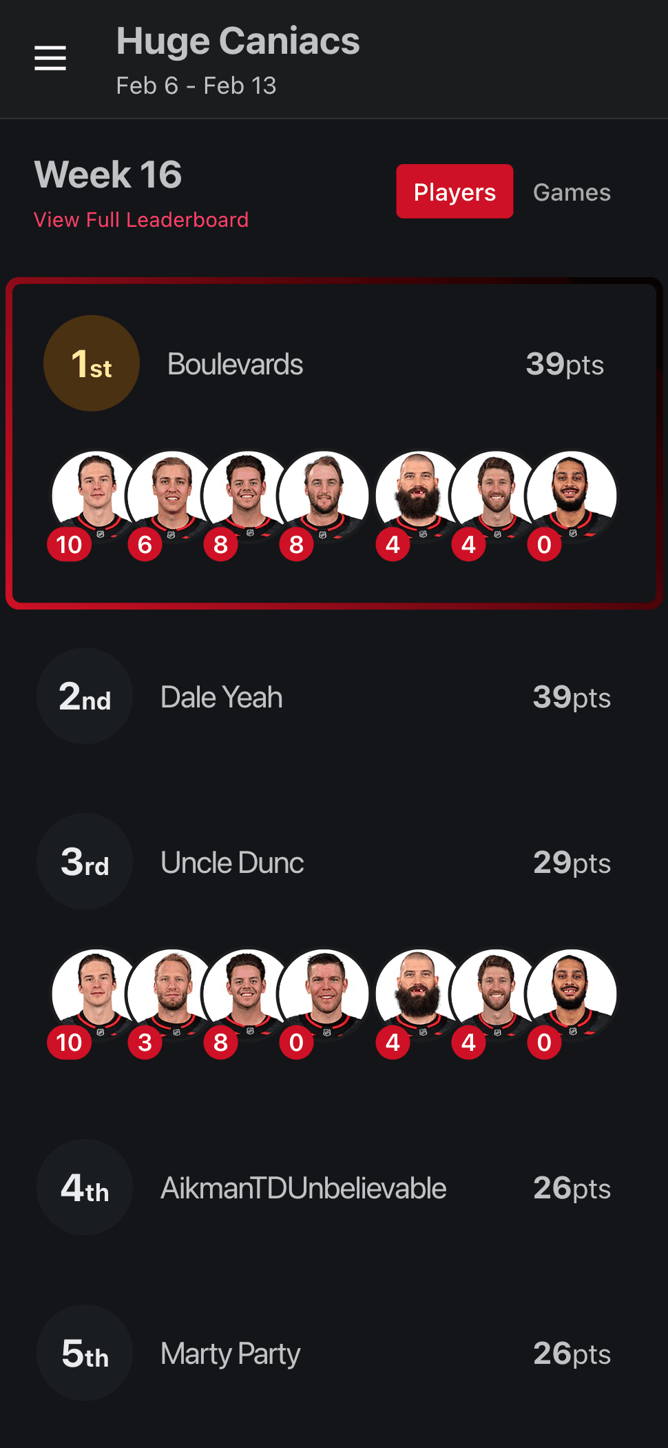 Demo - Weekly Standings